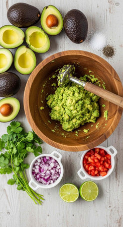 A bowl of guacamole surrounded by fresh ingredients on a wooden tableの写真素材