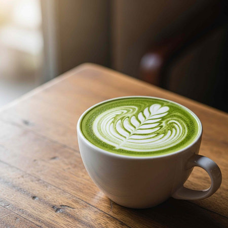 A cup of matcha latte on a wooden table in a cozy cafe setting with a leaf design on top
