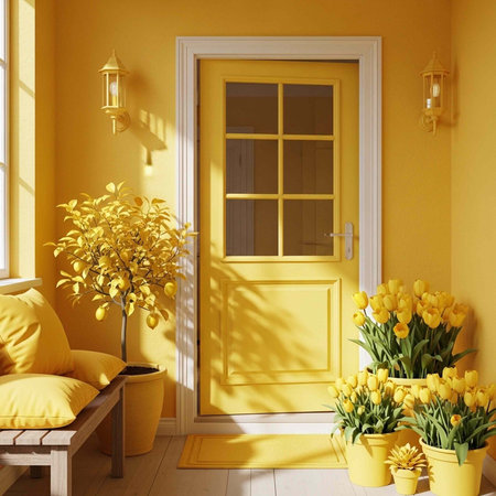 A bright and welcoming home entrance with a yellow door and matching decor