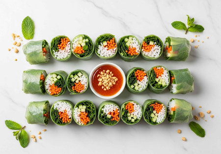 A delicious arrangement of fresh spring rolls with a side of savory dipping sauce on a marble...