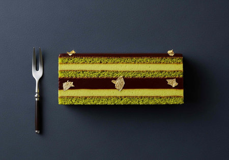 A beautifully decorated cake with a fork on a dark background, perfect for a special occasion or...