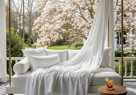 A serene outdoor swing hangs from a sturdy white porch surrounded by blooming trees and lush greenery.の写真素材