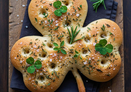 A delicious focaccia bread shaped like a clover on a wooden table with herbs and saltの写真素材