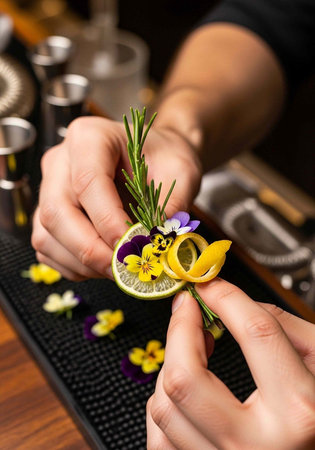 A bartender decorates a cocktail with a slice of lemon and edible flowers in a modern bar.