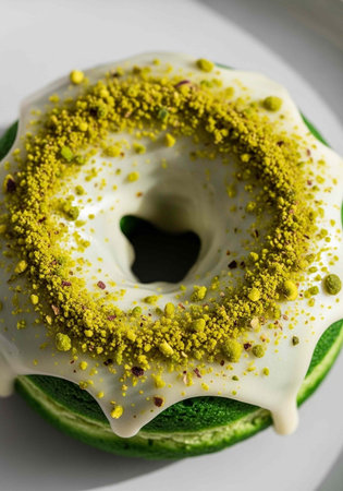 A delicious green donut with white frosting and yellow sprinkles on a plain white background