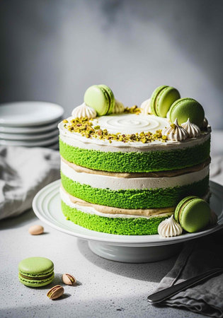 A beautifully decorated green cake with white frosting and macarons on top of a white cake stand