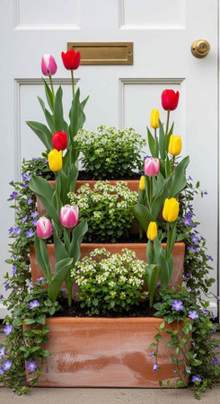 A beautiful flower arrangement in a multi-tiered planter box outside a white door