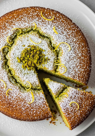 A delicious lemon cake with a slice cut out, topped with powdered sugar and lemon zest on a white...