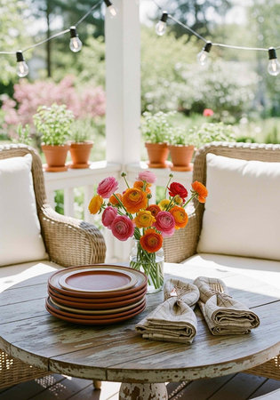 A beautifully set outdoor patio table with flowers and plates on a sunny day