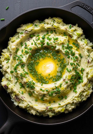 A delicious serving of mashed potatoes with butter and chives in a cast iron skillet