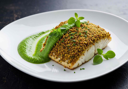 A beautifully presented piece of fish on a white plate with green sauce and herbs