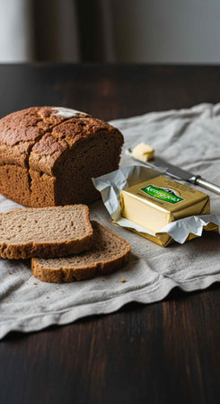 A delicious loaf of bread and a block of butter on a table with a knife