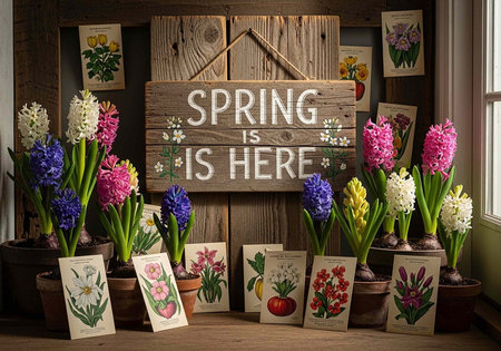 A vibrant display of colorful flowers and illustrations celebrating the arrival of spring in a cozy...