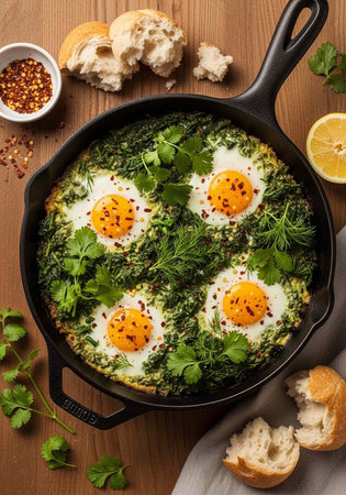 A cast iron skillet filled with eggs and herbs on a wooden table with bread and spices