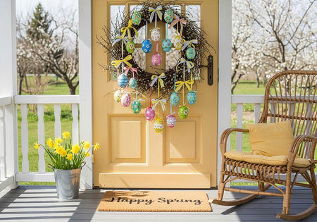 A welcoming front porch decorated with a colorful Easter wreath and spring flowers on a sunny day