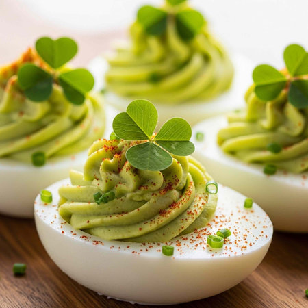 A plate of deviled eggs garnished with avocado and herbs on a wooden table