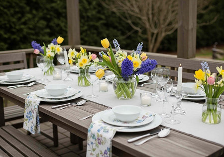 A beautifully set outdoor dining table with vases of colorful flowers, white plates, and candles