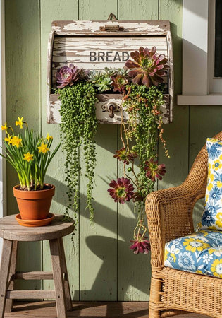 A serene outdoor setting featuring a wicker chair, succulent arrangement, and daffodils on a stool.