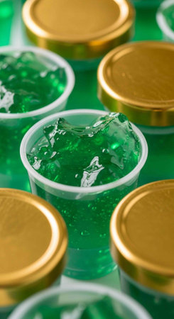 Close-up of green Jell-O shots in small plastic cups, some with gold lids, on a green background