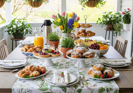 A beautifully set breakfast table with assorted pastries, fruits, and flowers in a bright room