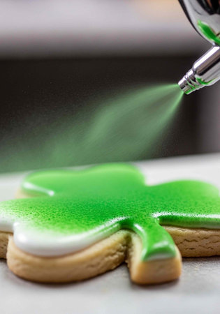 Close-up of green frosting being sprayed onto a shamrock-shaped cookie with white frosting