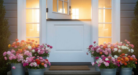 A white front door with sidelights and colorful flowers in metal buckets on the porch