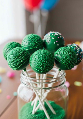 Green cake pops with sprinkles in a glass jar on a wooden table with colorful confetti