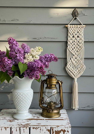 A macrame wall hanging, lilac bouquet in a vase, and brass lantern on a distressed wooden table