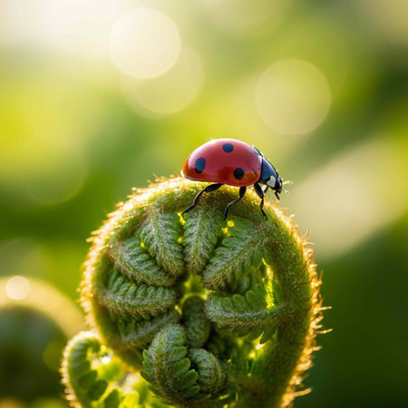 A ladybug sits on a curled green fern leaf with a blurred green and yellow background.
