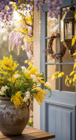 Colorful flowers in a vase on a wooden table outside a blue door with a wreath and lantern.の写真素材