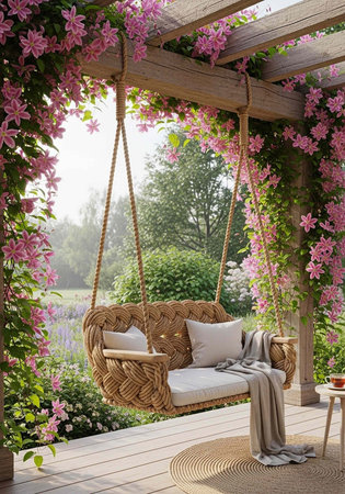 A wicker swing hangs from a wooden pergola adorned with pink flowers and greenery on a deckの写真素材