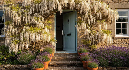 A serene stone cottage entrance with wisteria, lavender, and potted plants surrounding a light blue...