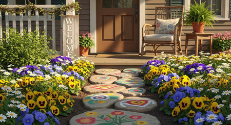 Colorful flowers and painted stones line a charming garden path to a welcoming front porch