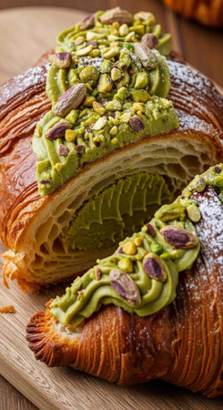 Flaky, golden croissant filled with green cream, topped with pistachios and powdered sugar on wooden...