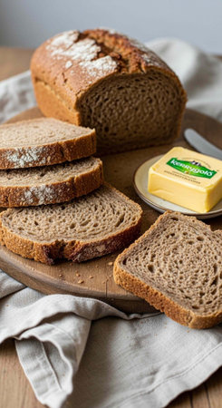 Loaf of brown bread, sliced, with butter on a plate, on a wooden table