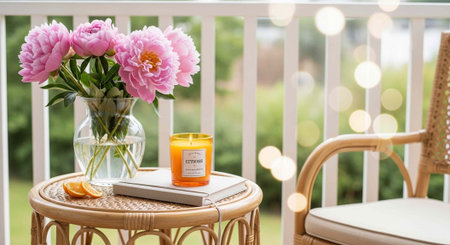 A peaceful balcony scene with pink flowers, orange candle, and book on a wicker table