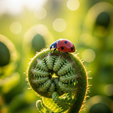 A ladybug sits on a curled green fern leaf with spiky edges in a natural setting.