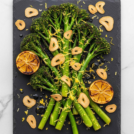 Fresh broccoli, lemon slices arranged on a black slate plateの写真素材