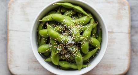 Bowl of green edamame sprinkled with sesame seeds on a rustic wooden cutting board