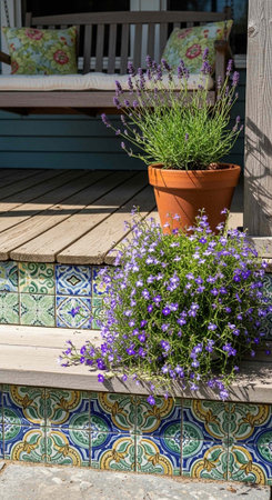 Vibrant purple flowers and potted lavender on a wooden patio with decorative tiles and bench...