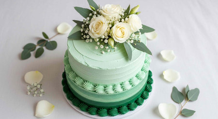 A two-tiered mint green cake adorned with white roses, leaves, and petals on a white surface