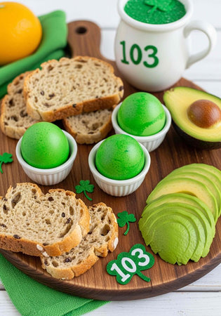 A wooden board with green eggs, avocado, bread, and a mug of green powder for St. Patrick's Day