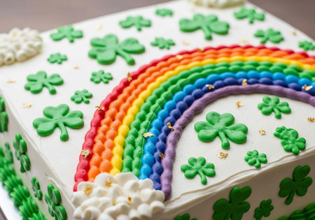 A vibrant St. Patrick's Day cake with rainbow and shamrocksの写真素材