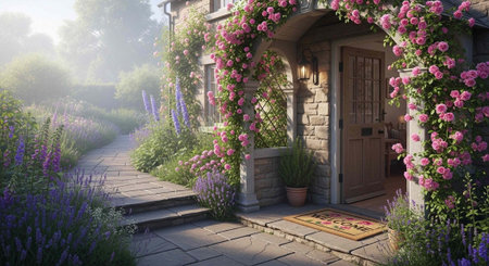 A serene stone house with a wooden door, adorned with pink roses and surrounded by a lavender...