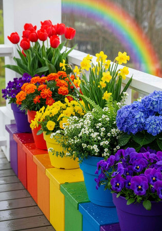 Vibrant flowers in various pots on multicolored steps with a rainbow in the backgroundの写真素材