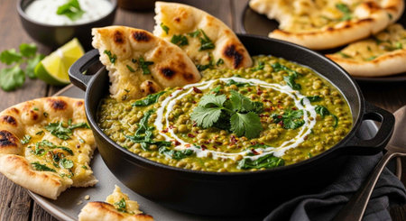 A black bowl of green lentil curry with naan bread, herbs, and a swirl of cream