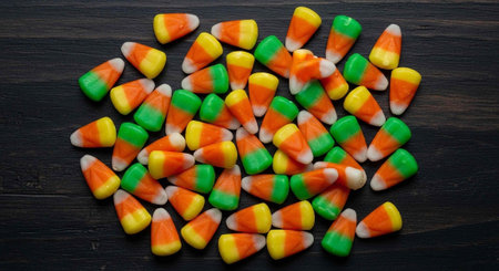 Pile of orange, yellow, green, and white candy corn on dark wood background
