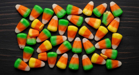 Vibrant orange, green, yellow, and white candy corn pieces scattered on dark wooden background