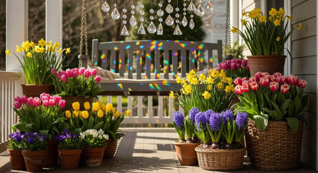 Colorful potted flowers and baskets adorn a sunny porch with a swing and crystal chandelier.の写真素材