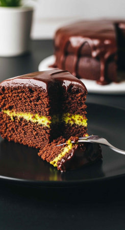 A slice of chocolate cake with yellow filling and chocolate glaze on a black plate with fork.